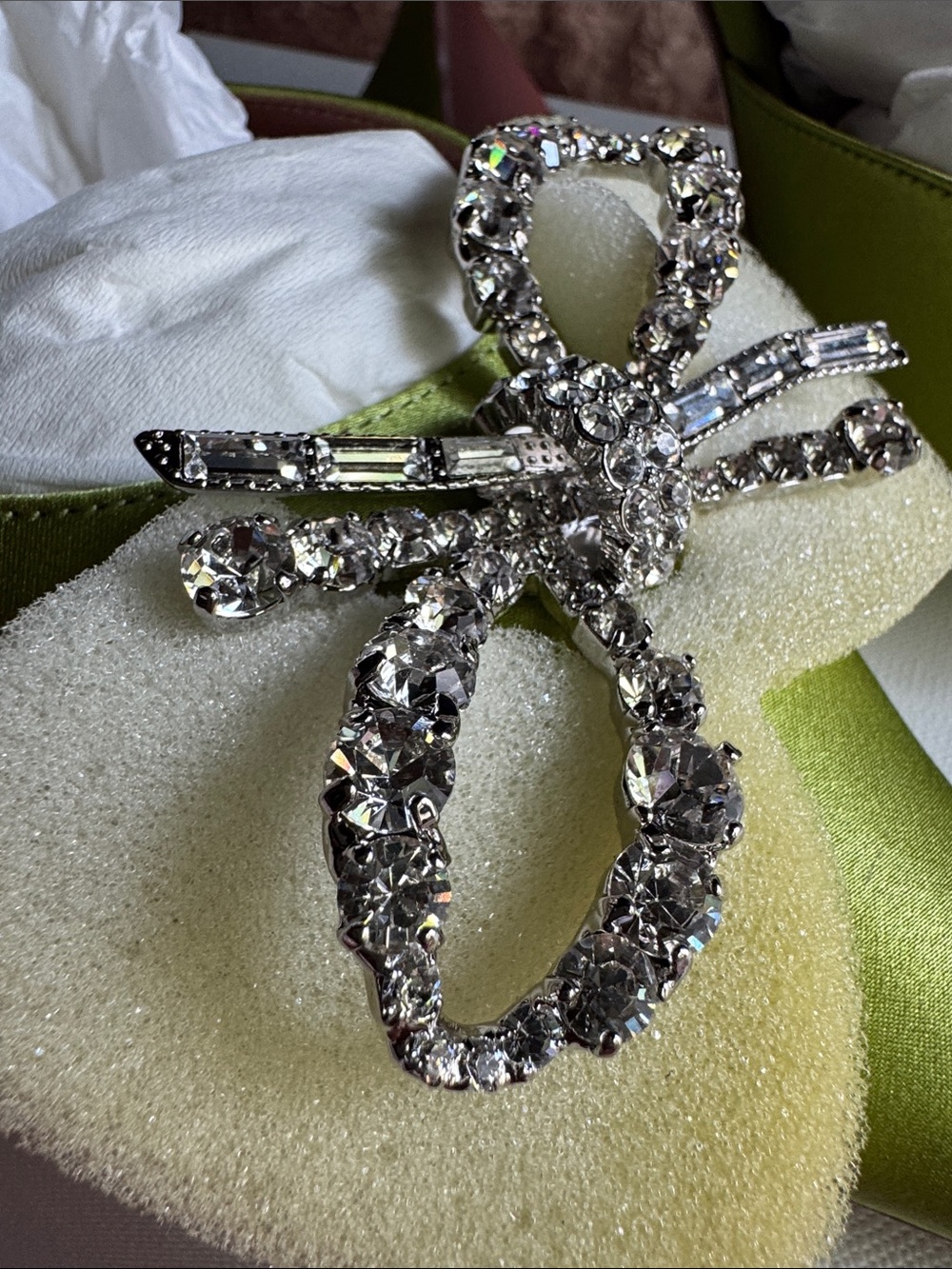 Amina Muaddi Lime Green Satin Crystal Bow Slingback begum cloth mules - Picture 11 of 12